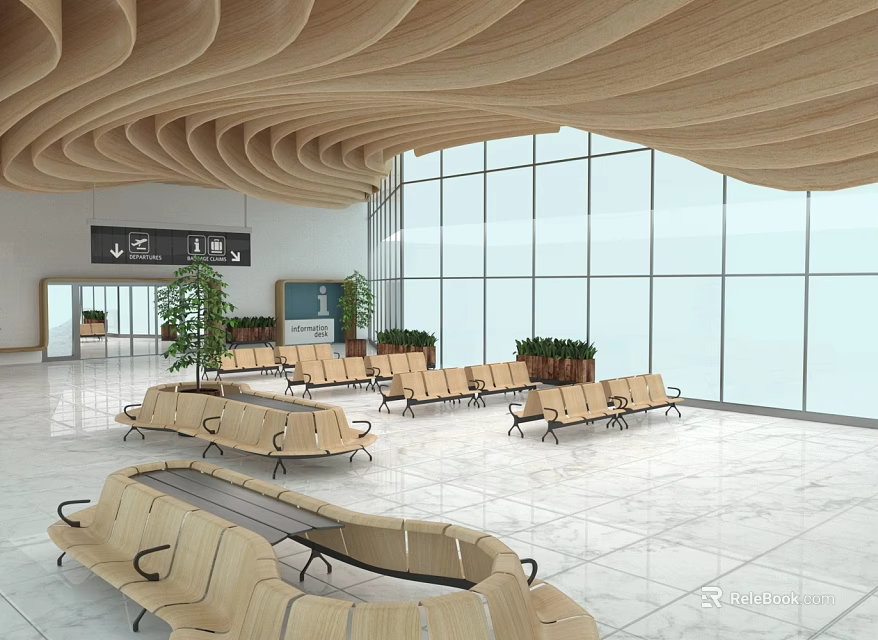 Modern Airport Terminal Hall With Wooden Wave Ceiling Large Glass Windows Green Plants And Seats 3d model 