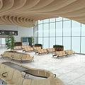 Modern Airport Terminal Hall With Wooden Wave Ceiling Large Glass Windows Green Plants And Seats
