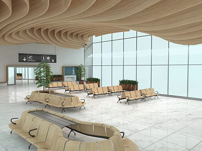 Modern Airport Terminal Hall With Wooden Wave Ceiling Large Glass Windows Green Plants And Seats 3d model