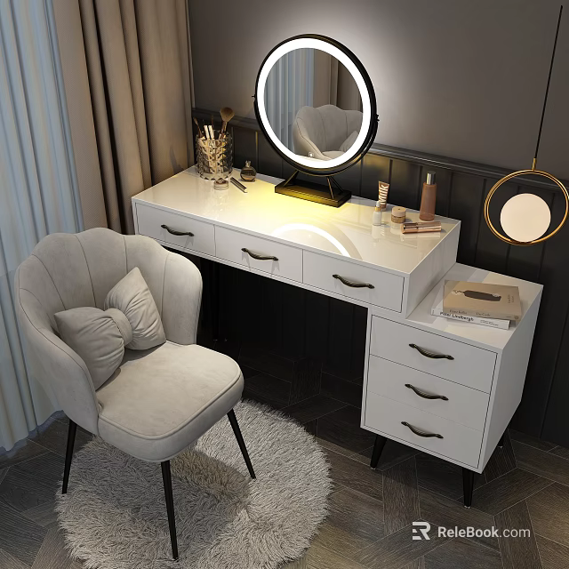 Elegant Dressing Table With Drawers Round Mirror And Cosmetics Near Gray Chair 3d model 