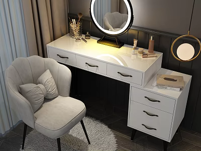 Elegant Dressing Table With Drawers Round Mirror And Cosmetics Near Gray Chair 3d model