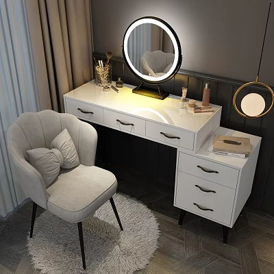 Elegant Dressing Table With Drawers Round Mirror And Cosmetics Near Gray Chair 3d model