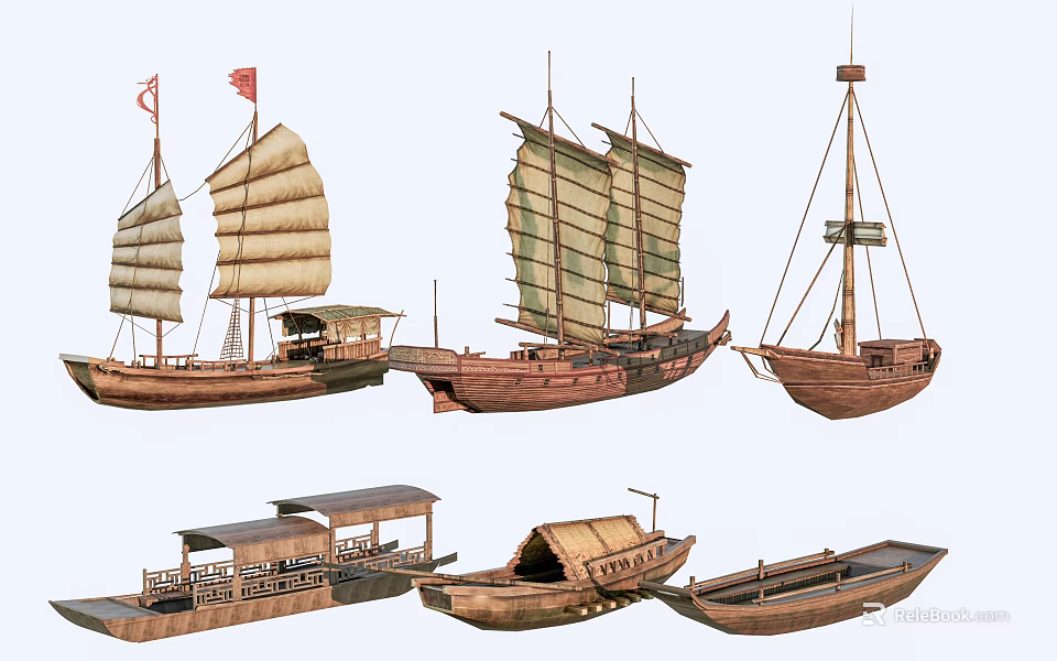 Different Types Of Vintage Wooden Boats With Sailing Masts And Classic Designs 3d model 