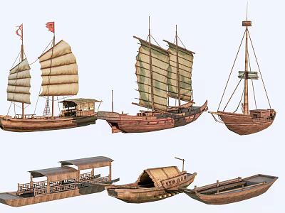 Different Types Of Vintage Wooden Boats With Sailing Masts And Classic Designs 3d model