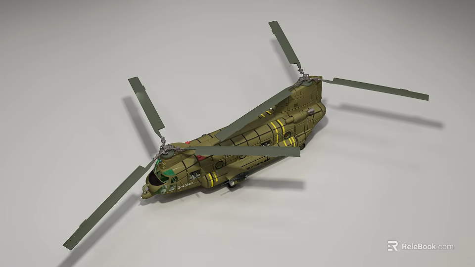 Olive Green Military Transport Helicopter With Dual Rotor Blades And Cargo Bay 3d model 