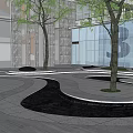 Modern Architecture Residential Area Courtyard Curved Waterscape Curved View Wall Tree Pool Gate Entrance 3d model