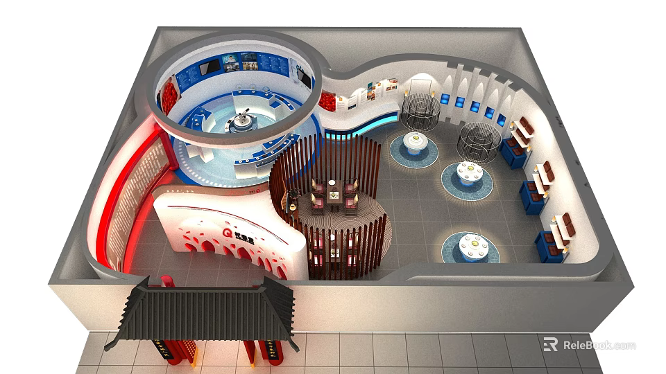Traditional Chinese Style Exhibition Hall Interior With Circular Layout Wooden Elements And Chinese Style Roof 3d model 