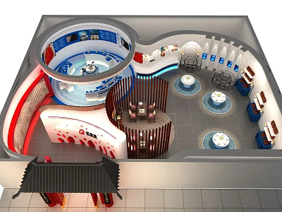 Traditional Chinese Style Exhibition Hall Interior With Circular Layout Wooden Elements And Chinese Style Roof 3d model