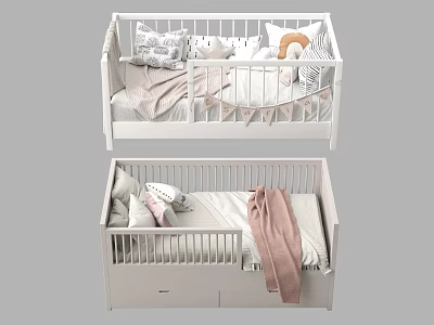 White Kids Bed With Colorful Pillows Soft Blankets And Storage Drawers 3d model