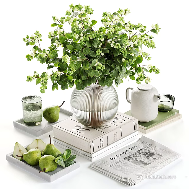 Decorative Ornament Set With Green Plants Vase Pears Books Magazines And Tray 3d model 