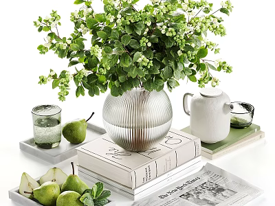 Decorative Ornament Set With Green Plants Vase Pears Books Magazines And Tray 3d model