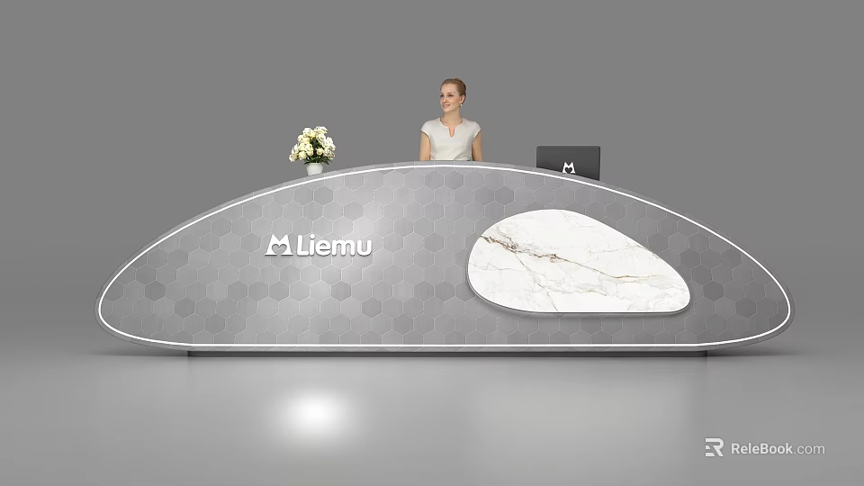 Modern Gray Reception Desk With Hexagonal Texture Marble Panel Liemu Logo Staff And Black Laptop 3d model 