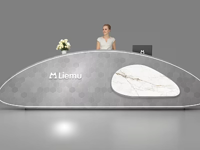 Modern Gray Reception Desk With Hexagonal Texture Marble Panel Liemu Logo Staff And Black Laptop 3d model