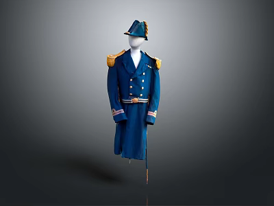 Blue Military Long Coat Uniform With Gold Shoulder Epaulets And Matching Hat 3d model