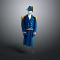 Blue Military Long Coat Uniform With Gold Shoulder Epaulets And Matching Hat