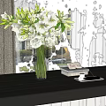 White Flowers In Transparent Glass Vase On Dark Wooden Table With Decorative Books And Tray