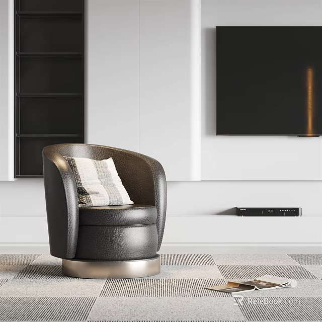 Modern Single Sofa In Black Leather With Accent Pillow And Metal Base For Living Room 3d model 