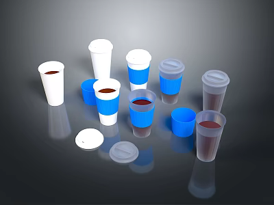 Everyday Practical Household Plastic Cups With Lids In White And Blue Colors 3d model