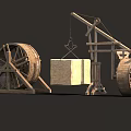 Ancient Industrial Equipment Featuring Wooden Pulley Wheels and Stone Block Lifting Mechanism