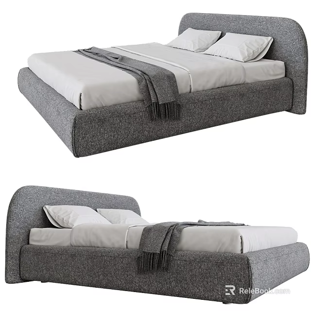 Modern Double Bed With Gray Fabric Headboard White Sheets And Throw Blanket 3d model
