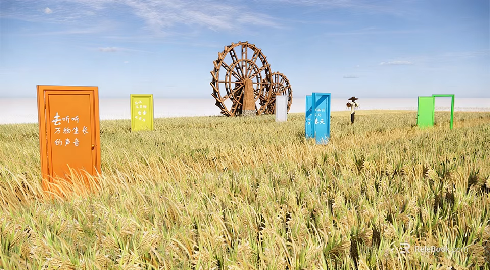Rural Landscape With Golden Wheat Field Colorful Signs Wooden Waterwheels Blue Sky and White Clouds 3d model 