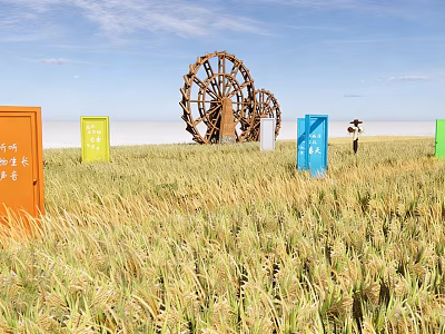 Rural Landscape With Golden Wheat Field Colorful Signs Wooden Waterwheels Blue Sky and White Clouds 3d model