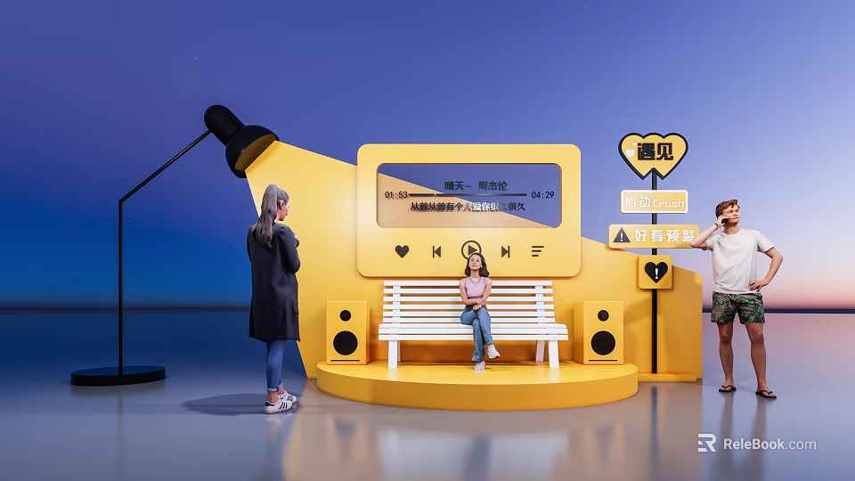 Vibrant Yellow Photo Check-in Spot With White Bench Screen And People Taking 3d model 