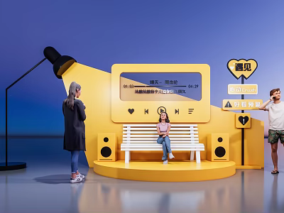 Vibrant Yellow Photo Check-in Spot With White Bench Screen And People Taking 3d model