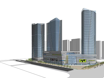 Modern Hotel Architecture Featuring Three Skyscrapers Glass Curtain Walls And Ground Floor Commercial Facilities 3d model