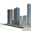 Modern Hotel Architecture Featuring Three Skyscrapers Glass Curtain Walls And Ground Floor Commercial Facilities