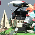 Outdoor Floral Installation With Car Trunk Canopy Cart Tent And Lawn Furniture