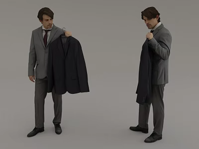 Men Standing In Formal Suits Holding And Adjusting Black Suit Jackets 3d model