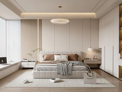 Modern Bedroom Interior Design With Upholstered Headboard Chandelier Blinds White Wardrobe And Light Rug 3d model