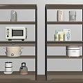 Kitchen Storage Shelving Units with Metal Frame and Wooden Shelves Holding Appliances and Food