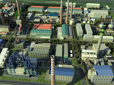 Industrial Factory Buildings With Multiple Chimneys And Colorful Rooftops In Industrial Area 3d model