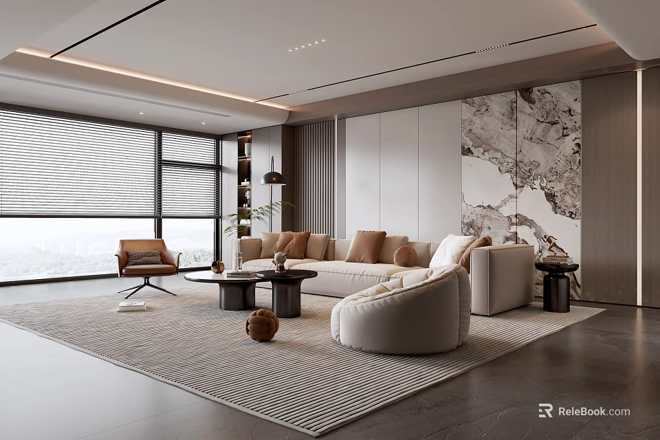 Modern Living Room With Large Windows Beige Sofa Textured Rug And Marble Accent Wall 3d model 