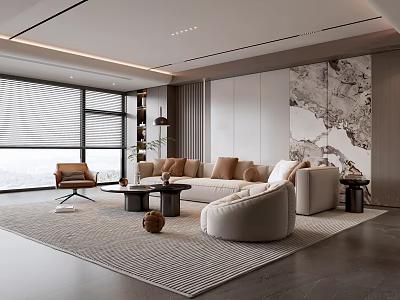 Modern Living Room With Large Windows Beige Sofa Textured Rug And Marble Accent Wall 3d model