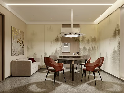 Hotel Mahjong Room With Mountain Murals Sofa And Modern Design 3d model