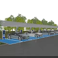 Covered Parking Lot With Electric Cars Charging Stations And Blue Spaces Surrounded By Trees