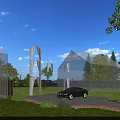 Garden Landscape Design With Lush Lawn Trees Shrubs Driveway And Parked Car