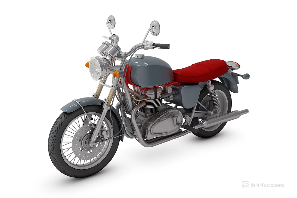 Classic Vintage Motorcycle with Gray Body Red Seat Round Headlight and Side Mirrors 3d model 