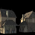 Ancient Architecture With Timber Frame Structure Stone Walls And Sloped Roof Design
