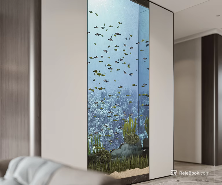 Large Aquarium Fish Tank With Tropical Fish Aquatic Plants In Modern Home Interior 3d model 