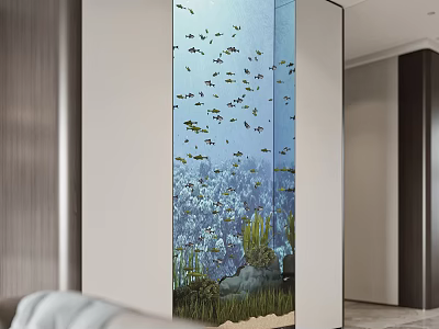 Large Aquarium Fish Tank With Tropical Fish Aquatic Plants In Modern Home Interior 3d model
