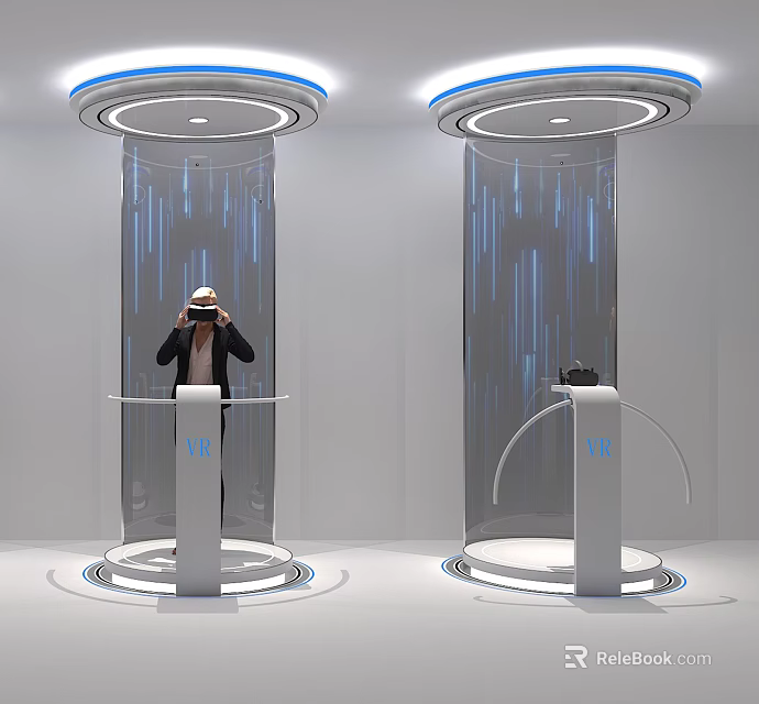 VR Experience Setup With User Wearing Headset And Digital Column Stands 3d model 