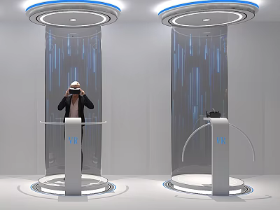 VR Experience Setup With User Wearing Headset And Digital Column Stands 3d model
