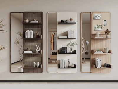 Modern Wall Mounted Mirrors With Wooden Shelves And Decorative Storage Design 3d model