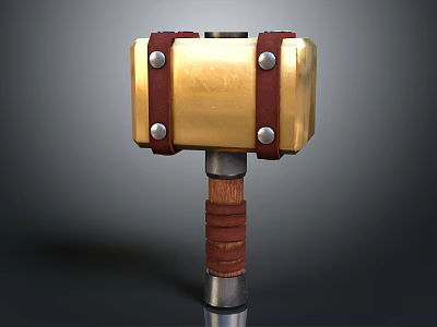 Golden Headed Hammer With Leather Straps Wooden Handle And Metal Shaft 3d model