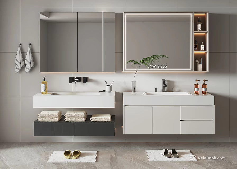 Modern Bathroom Vanity Interior Design With Backlit Mirrors Storage Cabinets Plant Decor And Sink Accessories 3d model 