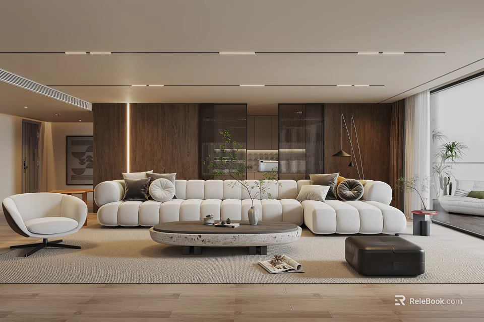 Modern Living Room With White Sofa Round Coffee Table And Wooden Elements 3d model
